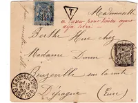 SAGE 15C LETTRE TIMBRE AYANT DEJA SERVI LE HAVRE LE PORT 1899 POUR EURE TAXE 30C