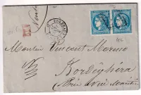 N°45C PAIRE TB AMBULANT BORDEAUX A CETTE POUR BORDIGHERA ITALIE ITALIA TEXTE DE TOULOUSE VIA MENTON ALPES MARITIMES