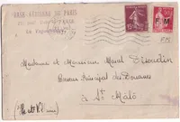 N°189 + TIMBRE FM PARIS BASE AERIENNE 1937 POUR ST MALO ILLE ET VILLAINE