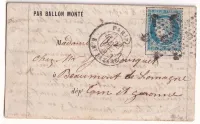 BALLON MONTE LE TOURVILLE PARIS 23 DEC 1870 ARRIVE 29 DEC BEAUMONT DE LOMAGNE TARN ET GARONNE
