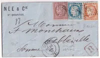 N°38 58 60 TRICOLORE PC DU GC 3827 ST QUENTIN AISNE RECOMMANDE POUR ABBEVILLE SOMME