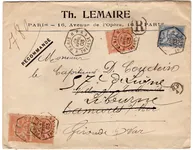 MOUCHON RETOUCHE 15CX3+25C LETTRE REC CACHET HEX PARIS RP 24 AVRIL 03 R THERESE 1