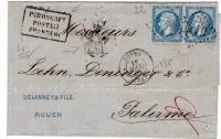 N° 22X2 GC 3219 ROUEN 1867 LETTRE POUR PALERME + PIROSCAFI POSTALI FRANCESI