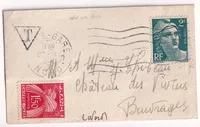 N°713 GANDON MIGNONETTE TAXEE CHIFFRE TAXE TYPE GERBE 1FR50 + 10C X5 AU DOS LILLE 1945 POUR BEUVRAGE NORD