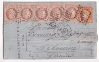 N°38 + 51 BANDE DE 5 GC 2602 NANTES POUR LIBOURNE GIRONDE 1876