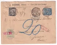 N°90 CHALON SUR SAONE 1886 TAXE 20C NOIR DUVAL + TAXE 20 VERT SUISSE POUR GENEVE AU DOS REBUTS DE PARIS EN ROUGE SAONE ET LOIRE