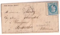 GUERRE 1870 BALLON MONTE LE FRAKLIN 1 DEC 1870 PARIS POUR AVRANCHES MANCHE