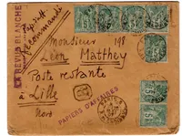 SAGE 5C N°75X7 LETTRE PAPIERS AFFAIRES REC PARIS R DE CHOISEUL 25 MAI 1897 POUR LILLE