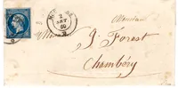 FRANCE N° 14 CACHET SARDE MOUTIERS 2 SET 1860 LETTRE POUR CHAMBERY SAVOIE  SIGNE JF BRUN