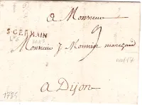 MARQUE ST GERMAIN 1755 LENAIN N°6 POUR DIJON COTE D'OR LETTRE LENAIN 6 TEXTE AU PECQ SEINE ET OISE COTE240€