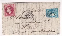BOULE LE MOULINS N°32 + 45 G 720 CANNES ALPES MARITIMES 5 JANVIER 1871 POUR PARIS SANS CACHET ARRIVE