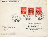 LIBERATION BORDEAUX 2FR40+70C+1FR50 LETTRE REC PROVISOIRE 30.10.1944