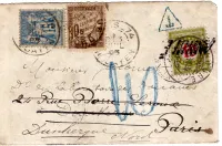 SAGE 15C LETTRE PARIS 74 1895 POUR DUKERQUE REEX PARIS TAXE 10C PUIS SUISSE TAXE 10C ANNULE