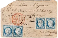 N° 60X4 PETIT LETTRE DEFAUT ANGLE GC 1116 ESPELETTE BASSES PYRENEES 24 MAI 1873 POUR LEON MEXIQUE TAXE 2
