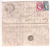 BOULE DE MOULINS N°32 + 44 PLIE AU DOS GC 1312 DOL DE BRETAGNE ILLE ET VILAINE 7 JANVIER 1871 POUR PARIS PASSY SANS CACHET ARRIVE