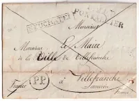 MARQUE P24P PONTARLIER DOUBS + PP NEUCHATEL SUISSE 1821 POUR VILLEFRANCHE DE ROUERGUE AVEYRON