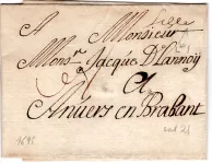 NORD LILLE MANUSCRIT LENAIN N°1 1695 LETTRE POUR ANVERS EN BRABANT COTE 700€