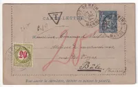 ENTIER 15C BLEU GARE DE REIMS 1894 MARNE TAXE 20 SUISSE POUR BALE SUISSE