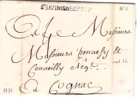 CHARENTE INFERIEURE MARQUE ST SAVINIEN DE PORT 1771 LETTRE POUR COGNAC LENAIN N°2 COTE 190€