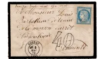N° 60 LETTRE DEUIL TAXE POUR TIMBRE AYANT DEJA SERVI + 40DT COGNAC 1872+ PROCES VERBAL