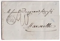CAD THABOR PAQUEBOT MEDITERRANEE DEPART CONSTANTINOPLE TURQUIE 26 JUILLET 1855 POUR MARSEILLE TAXE 20 DOUBLE PORT