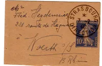 ENTIER SEMEUSE 10C BLEU PETITE BANDE COMPLETE TAD STRASBOURG 7.2.40 DIRECTION