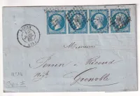 N°14B BANDE DE 4 TTB PC 2738 ROUEN SEINE INFERIEURE POUR GRENOBLE 1862