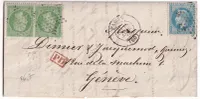 N°20 PAIRE + 29 PARIS ETOILE PLEINE BUREAU CENTRAL POUR GENEVE SUISSE 18 JANVIER 1870