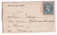 BALLON MONTE LE GENERAL DAUSMENIL N°29 PARIS SC ROUGE DU 21 JANVIER 1871 POUR ALENCON ORNE AU DOS CAPITANE DE VAISSEAUX GENERAL DE BRIGADE FT FON ARRIVE 29.01.1871