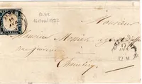 SARDE 20C TOUCHE AIME 16 FEVR 1857 LETTRE POUR CHAMBERY CACHET AU RECTO