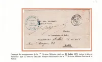 COMMUNE DE PARIS VERSAILLE 29 JUILLET 1873 1ERE DIVISION MILITAIRE POUR PARIS