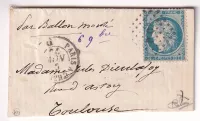 BALLON MONTE PLI CONFIE DU GIRONDE 6.11.1870 POUR TOULOUSE HAUTE GARONNE ARRIVE 11.10.1870 SIGNE CALVES DOS INCOMPLET