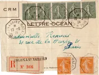 SEMEUSE 15CX5+5C JAUNE X2 DEVANT LETTRE REC OCEAN MARITIME COLON A SAINT NAZAIRE 18.8.24