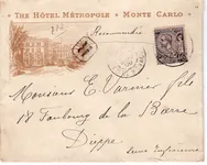 MONACO 40C SEUL LETTRE RECOMMANDEE ENTETE HOTEL METROPLE MONTE CARLO 1900 POUR DIEPPE
