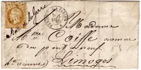 N° 21 LOSANGE BP AMBULANT PERIGUEUX A PARIS A 1865+ MENTION BOITE DE LA GARE POSTEE A ST JUNIEN HAUTE VIENNE