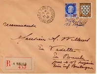 PETAIN 1FR50 SN + BLASON BRETAGNE 10FR LETTRE REC LA BAULE 11.1.1945 ILOT ST NAZAIRE POCHE