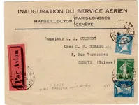 PASTEUR 1FR+75C +SEMEUSE 10C VERT LETTRE AVION MARSEILLE 1926 POUR GENEVE INAUGURATION