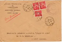 IRIS 1FR ROUGEX2+ RAJOUT 1FR PETAIN LETTRE AVION VICHY ALLIER 16.10.1941 + 17.10 1941 POUR LE MAROC
