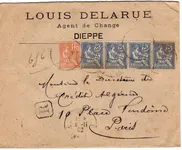 MOUCHON 25C RETOUCHE BANDE DE 4+15C ORANGE LETTRE REC DIEPPE 1902