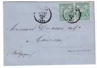 SAGE 10C VERT N°65 PAIRE LETTRE ANZIN NORD 17 NOV 1876 POUR TOURNAI TARIF FRONTALIER