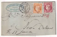 N°38 57 GC 532 BORDEAUX GIRONDE POUR NEW ORLEANS USA AU DOS PARIS ETRANGER EN BLEU 1874