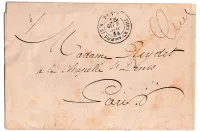 PARIS CACHET TAXE 15C R ST DOMque GR CAILLOUX POUR PARIS 1864 AU DOS REBUT DE PARIS EN BLEU MINISTERE DES AFFAIRES ETRANGERES
