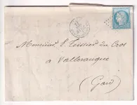 N°60 GC 1694 EN BLEU + CAD TYPE 16 EN BLEU GRAND COURONNE SEINE INFERIEURE POUR VALLERAUGUE GARD 18.02.1871