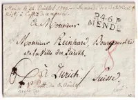 MARQUE P46P MENDE LOZERE 1809 POUR ZURICH SUISSE SIGNE BAUDOT