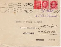 PETAIN 1FR50X2+1FR LETTRE MEC VICHY + GRIFFE LE CHEF ETAT FRANCAIS 1942 POUR SUISSE