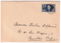 N°398 50FR CLEMENT ADER SEUL SUR LETTRE POUR BRUXELLES BELGIQUE DEPART DROME