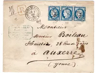 N°60 PAIRE + 1 LETTRE REC GC 978 TYPE 17 CHAUMONT EN BASSIGNY  3 DEC 1873 (50)