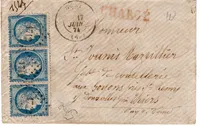 N° 60C BANDE DE 3 PETITE LETTRE CHARGE PC GC 1712 TYPE 17 GRAY 27 JUIN 1874 HAUTE SAONE