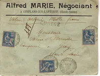 MOUCHON 25CX3 LETTRE CHARGE CONFLANS SUR LANTERNE HAUTE SAONE 16 JUIL 1901