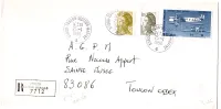 LIBERTE 80C+1FR PAPIER COUCHE +PA15FR LETTRE REC TOULON SECTEUR MARINE 25.1.1990